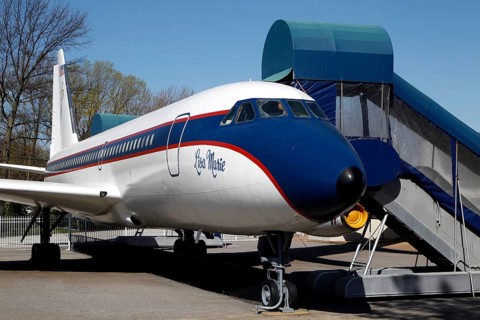 Private plane with characteristic livery and stairs in Graceland, Memphis, Tennessee, USA