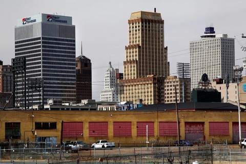 Urban panorama with tall buildings and a distinctive brick building, Memphis, Tennessee, USA
