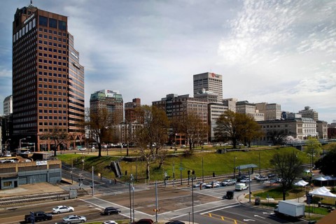 Modern city view with skyscrapers and a green area in the foreground, Memphis, Tennessee, USA