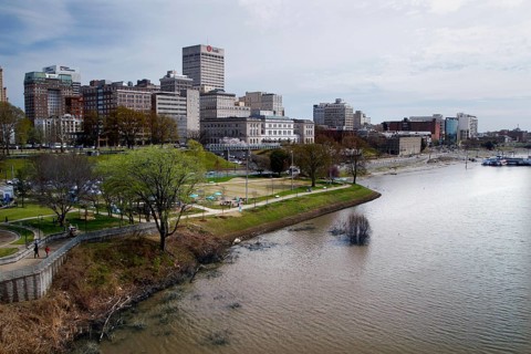 View of Memphis riverfront with city skyline in background, Memphis, Mississippi, USA