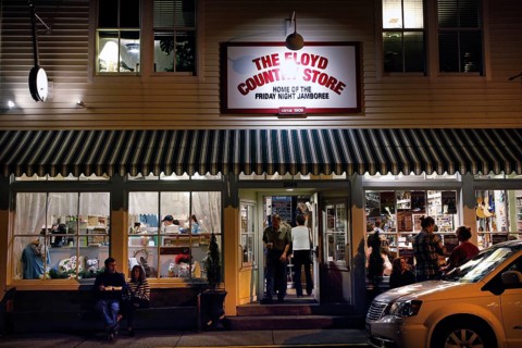 Evening exterior view of Floyd Country Store with a nocturnal atmosphere, zero