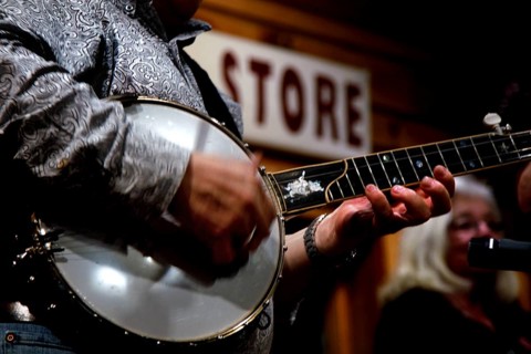Close-up of a banjo player at the Night Jamboree at Floyd Country Store, null