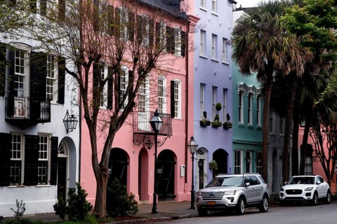 Vivid pastel colored row of houses on Rainbow Row in Charleston, Charleston, South Carolina, USA