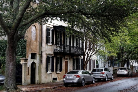 Historic buildings under big trees on a quiet street in Charleston, Charleston, South Carolina, USA