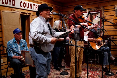 A band plays country music at Floyd Country Store during a night jamboree, Floyd, Virginia, USA