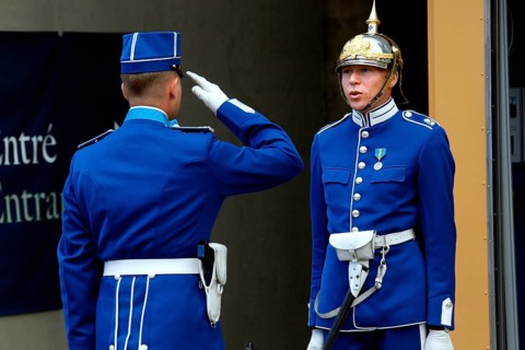 Changing of the guard at the Royal Palace in Stockholm with soldiers in uniform, Stockholm,
