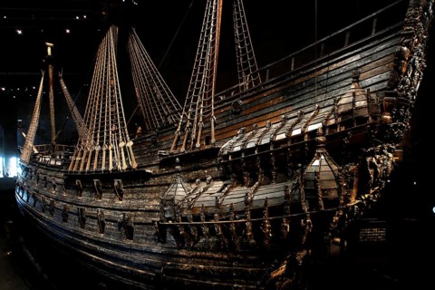 The royal flagship Vasa with its imposing masts in the Vasa Museum, Stockholm, Djurgården, Sweden