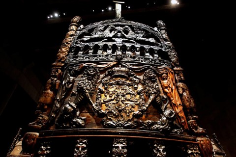 The magnificent rear relief of the royal flagship Vasa decorated with sculptures, Stockholm,