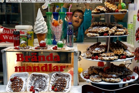 Candy shop in Gamla Stan with pastries and sweet treats in the shop window, Stockholm, Gamla Stan,