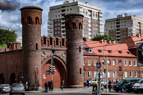 Historic district with Sackheim Gate and modern buildings in the background, Kaliningrad,