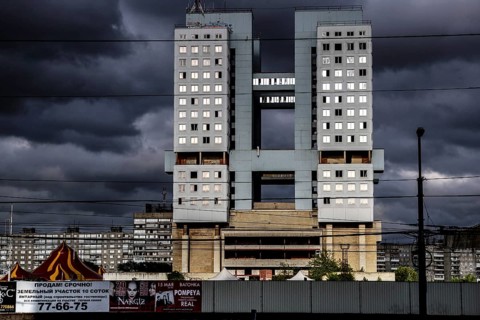 Monumental building under dark clouds, Kaliningrad, Russia