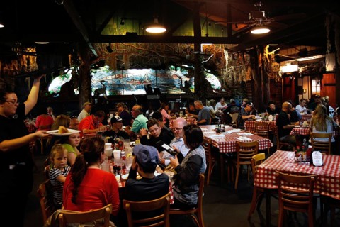 Lively Prejean's restaurant with guests having dinner in a relaxed atmosphere, Lafayette,