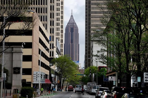 The hustle and bustle of the streets of Downtown Atlanta with modern buildings, Atlanta, Georgia,