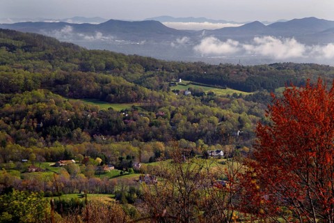 Autumn mountain landscape with forests and fog along the Blue Ridge Parkway, zero