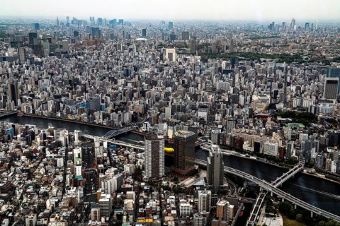 Wide-ranging view of the dense buildings of Tokyo, Tokyo, Sumida, Japan