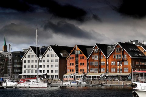 Wooden houses in the center of Tromsø on the waterfront, Tromsø, Troms, Norway