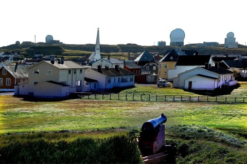 View of the city with churches and radar systems from Vardø Fortress, Finnmark, Norway