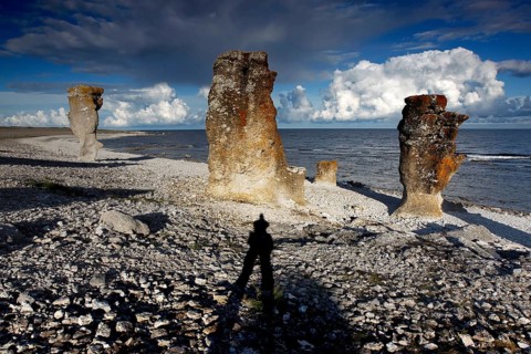 Shadows of a photographer on Raukar in Langhammars, Langhammars, Fårö, Sweden