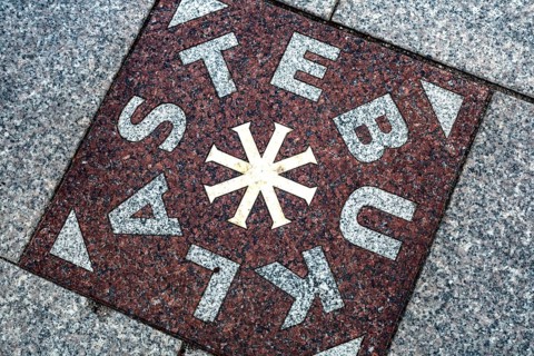 Stebuklas miracle tile in Vilnius Cathedral Square surrounded by paving stones, Vilnius, Vilnius