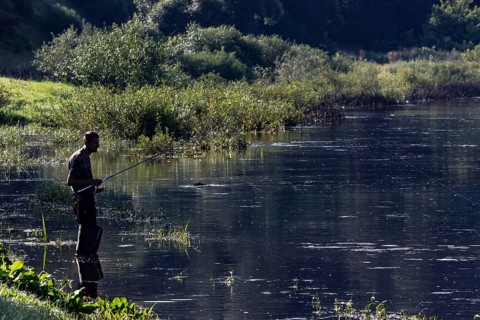 An angler stands patiently on the banks of the Nemunas River in Vilkija, Vilkija, Lithuania