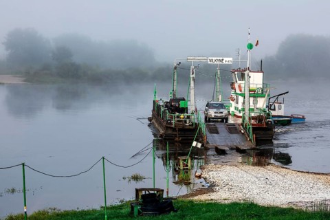 Ferry in thick fog on the Nemunas river near Vilkija, Vilkija, Lithuania