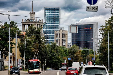 View of Vilnius financial and business center with modern buildings and transport, Vilnius, Vilnius
