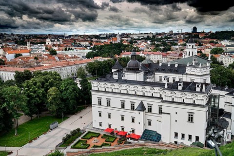 Palace of the Lithuanian Grand Dukes with a view of Vilnius and cloudy sky, Vilnius, Lithuania