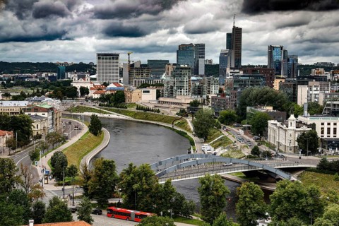 View from Gediminas Hill to the financial and business center on the banks of the Neris, Vilnius,