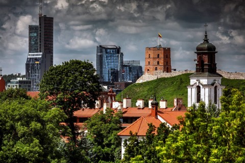 Panoramic view of the Gediminas Tower and Vilnius skyline from the observation deck, Vilnius,