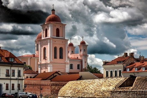 View of the Russian Orthodox Holy Spirit Church with dramatic clouds from Bastion, Vilnius,