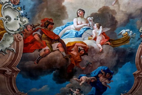 Detail of a baroque ceiling painting with mythological figures and angels, Rundale, Latvia