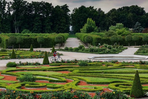 Magnificent baroque garden with symmetrical hedges and green backdrop, Rundale, Latvia
