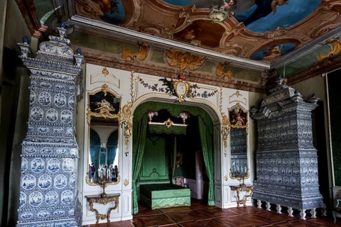 Opulent baroque decoration with tiled stove and elegant ornaments, Rundale, Latvia