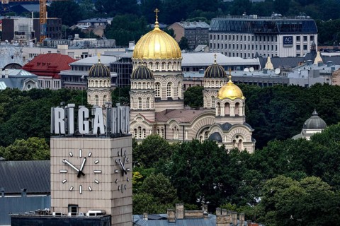 Panorama of Riga with view of Nativity Cathedral and other distinctive buildings, Riga, Latvia,