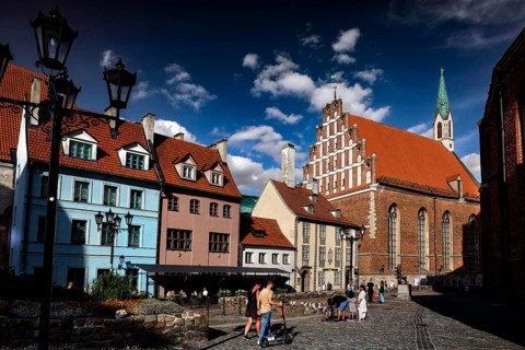View of St. John's Church and surrounding old buildings in Riga, Riga, Latvia