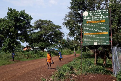 Entrance to Mago National Park with large information sign, Mago National Park, null, Ethiopia