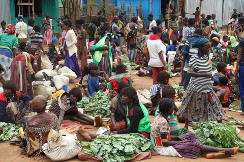 Lively market with people wearing traditional clothes, Key Afar, Ethiopia