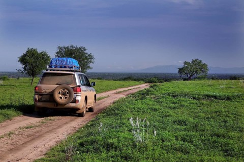 A land cruiser rides on a track through the tree savanna, Murle, Ethiopia