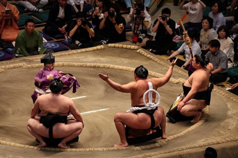 Yokozuna ceremony at Ryogoku Kokugikan with concentrated atmosphere, Tokyo, Japan