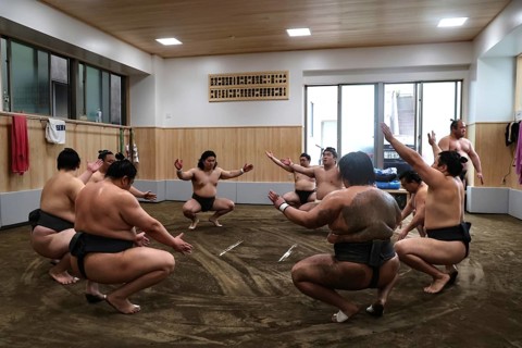 Sumo wrestlers practice together in the dojo in the Ryogoku district of Tokyo, Tokyo, Ryogoku,
