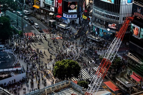 View from above of the busy Shibuya Intersection in Tokyo, Tokyo, Shibuya, Japan