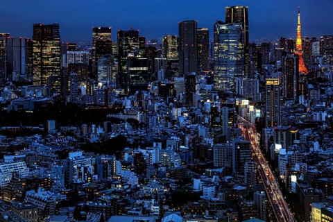 Night view of illuminated Tokyo skyline with Tokyo Tower, Tokyo, Shibuya, Japan