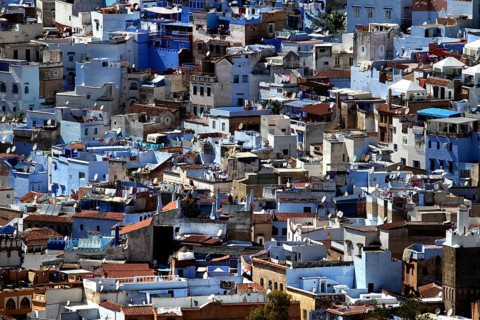 Extensive panorama of Chefchaouen with white buildings and blue accents, Chefchaouen,