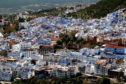 Panoramic view of the blue city of Chefchaouen nestled in a mountainous landscape, Chefchaouen,