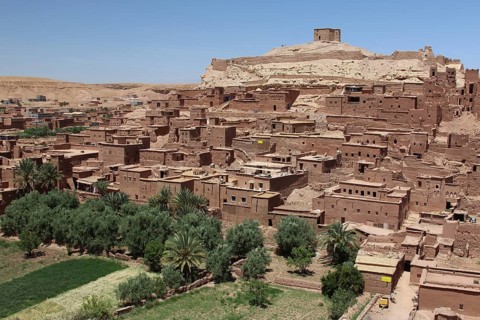 Panoramic view of the fortified clay settlement of Ait Benhaddou, Ait Benhaddou, Ouarzazate,