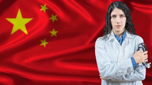 Chinese national health system, Medical professional on China flag background
