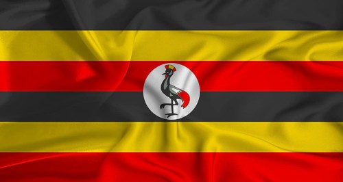 Realistic Uganda flag waving. Close up of flag of Uganda with cloth texture
