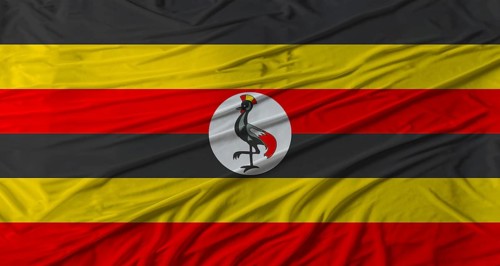 Ugandan flag waving. Flag of Uganda with cloth texture