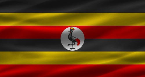 Ugandan flag with fabric texture. Realistic flag of Uganda waving