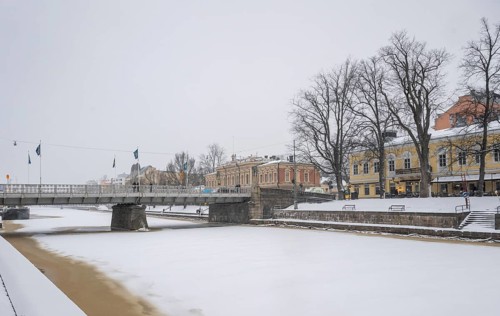Auransilta bridge crossing the Aurajoki river, winter Turku or Swedish Åbo, Varsinais-Suomi,
